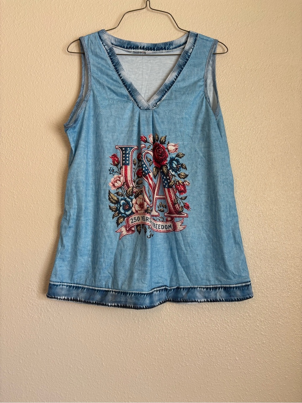 Light Blue Floral USA Graphic V-Neck Tank Top